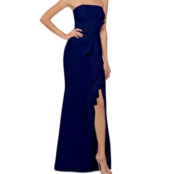NWT Betsy & Adam BLACKRuffle Cascade Front Scuba Trumpet Strapless Dress-Size 12